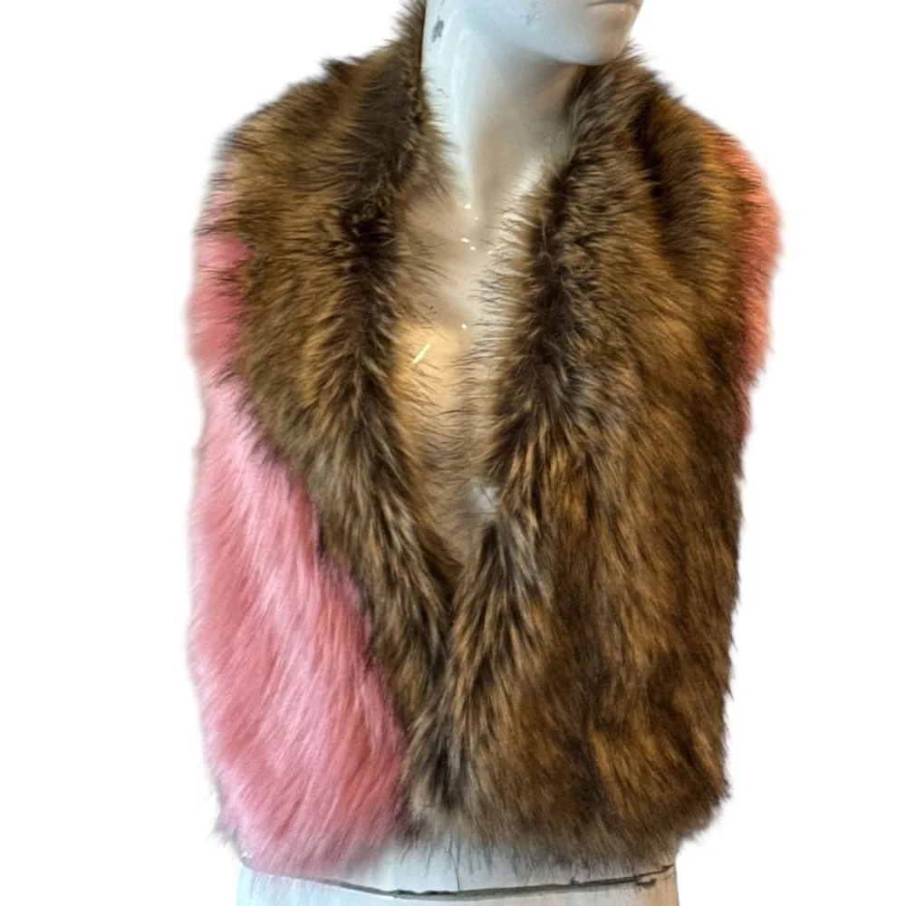 Faux Fur Colorblock Wrap Scarf Pink & Brown Glam Statement Stole Size OS